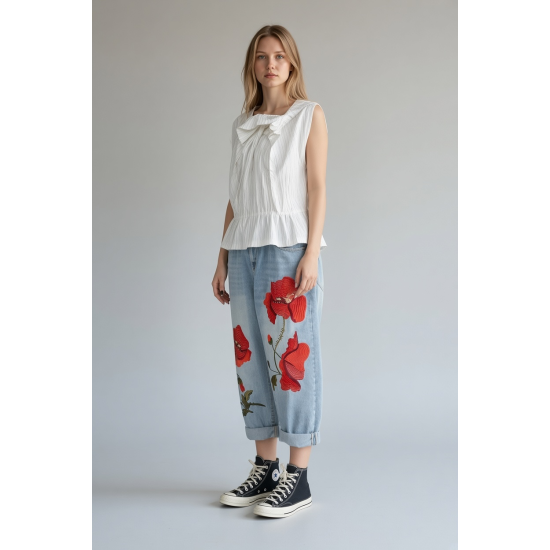 JEANS WITH POPPY EMBROIDERY WENDY 