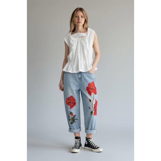 JEANS WITH POPPY EMBROIDERY WENDY 