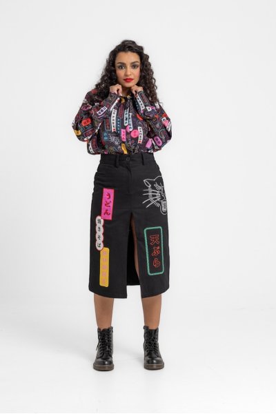 Denim Midi Skirt With Patches And Embroidery - TOKIO lolina
