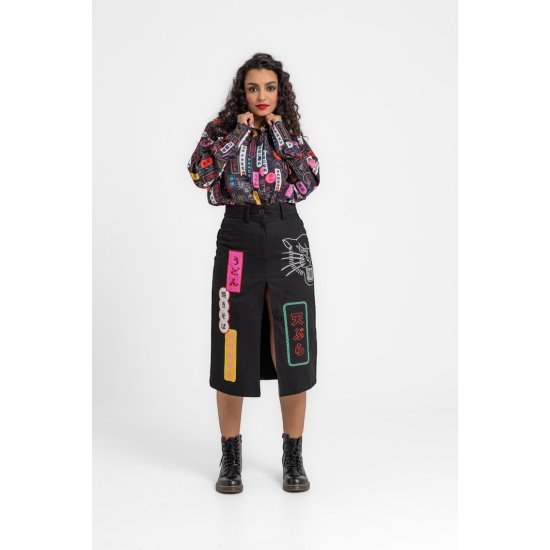 Denim Midi Skirt With Patches And Embroidery - TOKIO lolina
