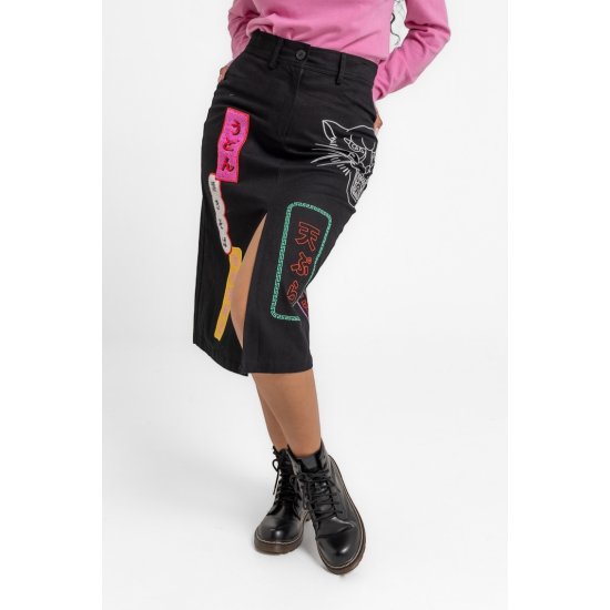 Denim Midi Skirt With Patches And Embroidery - TOKIO lolina