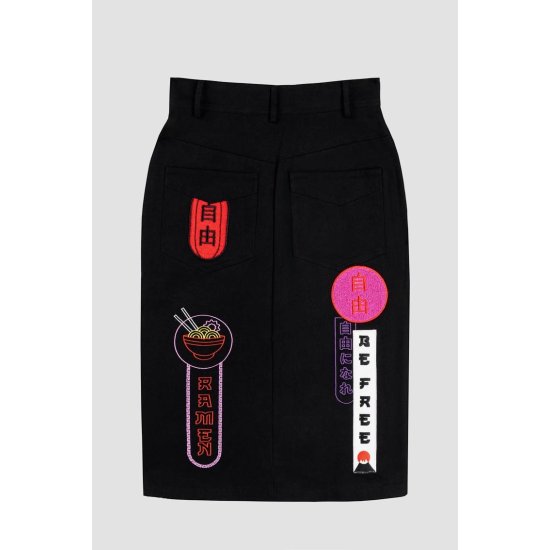 Denim Midi Skirt With Patches And Embroidery - TOKIO lolina